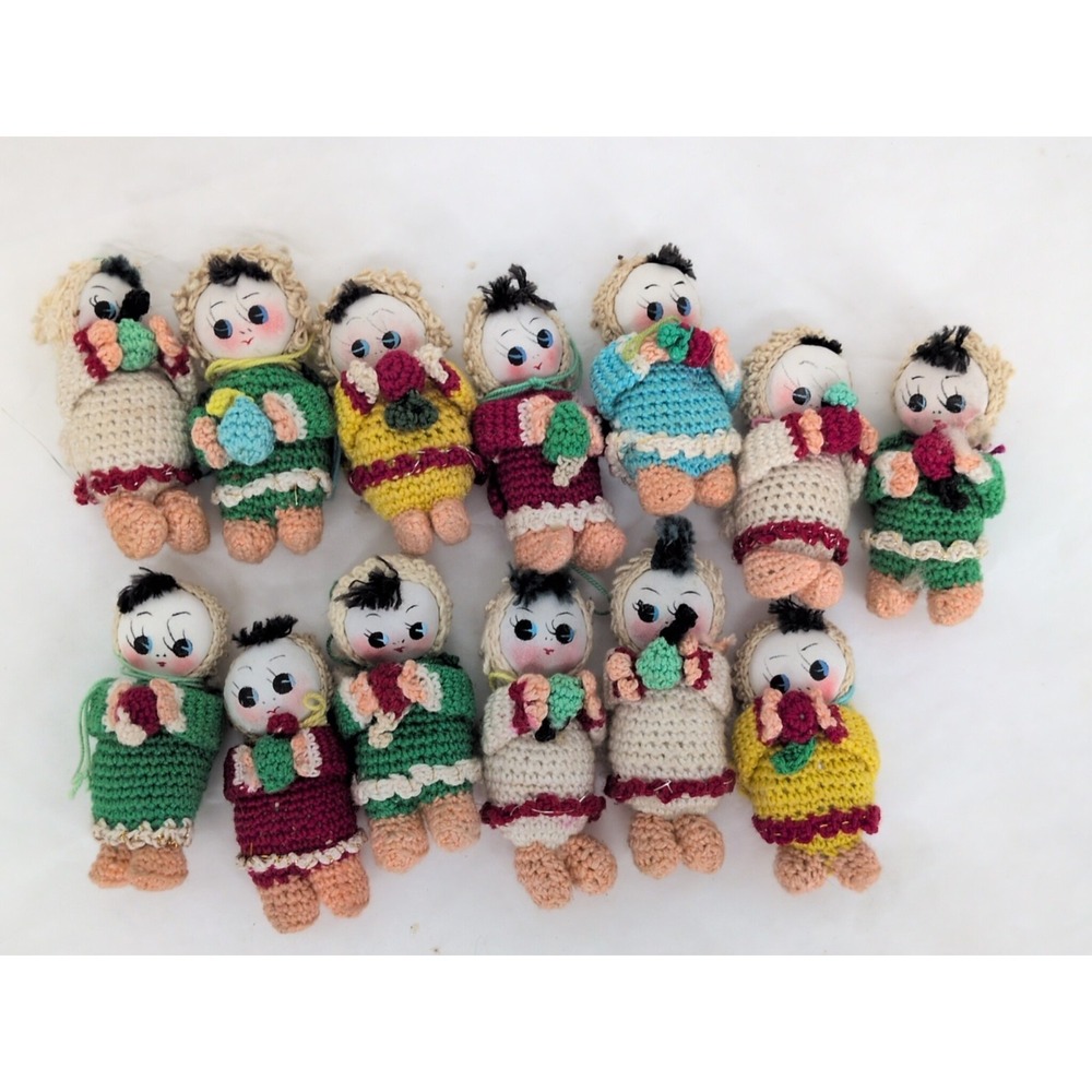 VTG Baby Dolls Crochet Japanese Painted Silk Faces Lot of 13 Mini 2 Inches